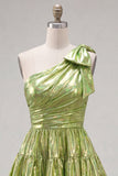 One Shoulder Ruffled A-Line Metallic Fuchsia Short Party Dress with Bow