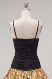 Black Golden A-Line Ruffled Spaghetti Straps Cocktail Dress with Bow