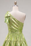 One Shoulder Ruffled A-Line Metallic Fuchsia Short Party Dress with Bow
