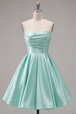 Strapless A-Line Mint Satin Ruched Graduation Dress