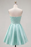 Strapless A-Line Mint Satin Ruched Graduation Dress