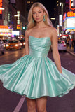 Strapless A-Line Mint Satin Ruched Graduation Dress