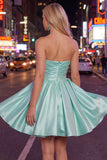 Strapless A-Line Mint Satin Ruched Graduation Dress