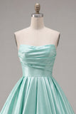 Strapless A-Line Mint Satin Ruched Graduation Dress