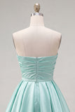Strapless A-Line Mint Satin Ruched Graduation Dress