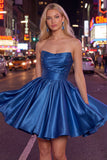 Strapless A-Line Mint Satin Ruched Graduation Dress