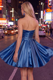 Strapless A-Line Mint Satin Ruched Graduation Dress
