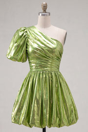 Green One Shoulder A-Line Ruched Metallic Cocktail Dress