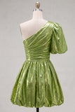 Green One Shoulder A-Line Ruched Metallic Cocktail Dress