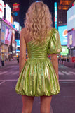 Green One Shoulder A-Line Ruched Metallic Cocktail Dress