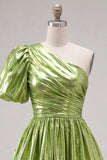 Green One Shoulder A-Line Ruched Metallic Cocktail Dress