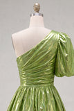 Green One Shoulder A-Line Ruched Metallic Cocktail Dress