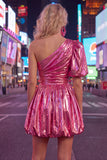 Green One Shoulder A-Line Ruched Metallic Cocktail Dress