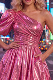 Green One Shoulder A-Line Ruched Metallic Cocktail Dress