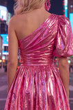 Green One Shoulder A-Line Ruched Metallic Cocktail Dress