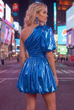 Green One Shoulder A-Line Ruched Metallic Cocktail Dress