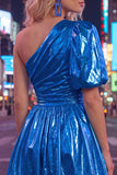 Green One Shoulder A-Line Ruched Metallic Cocktail Dress
