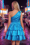 One Shoulder Pink Tiered A-Line Mini Cocktail Dress