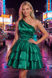 One Shoulder Pink Tiered A-Line Mini Cocktail Dress