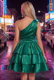 One Shoulder Pink Tiered A-Line Mini Cocktail Dress