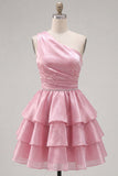 One Shoulder Pink Tiered A-Line Mini Cocktail Dress