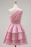 One Shoulder Pink Tiered A-Line Mini Cocktail Dress