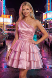 One Shoulder Pink Tiered A-Line Mini Cocktail Dress