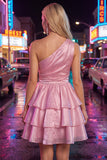 One Shoulder Pink Tiered A-Line Mini Cocktail Dress