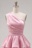 One Shoulder Pink Tiered A-Line Mini Cocktail Dress
