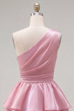 One Shoulder Pink Tiered A-Line Mini Cocktail Dress