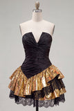 Black Golden Strapless A-Line Ruffled Short Cocktail Dress with Lace Up Back
