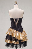 Black Golden Strapless A-Line Ruffled Short Cocktail Dress with Lace Up Back