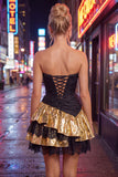 Black Golden Strapless A-Line Ruffled Short Cocktail Dress with Lace Up Back
