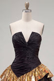 Black Golden Strapless A-Line Ruffled Short Cocktail Dress with Lace Up Back