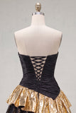 Black Golden Strapless A-Line Ruffled Short Cocktail Dress with Lace Up Back