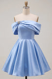 Off the Shoulder Blue A-Line Satin Graduation Dress