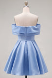 Off the Shoulder Blue A-Line Satin Graduation Dress