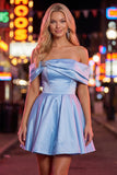Off the Shoulder Blue A-Line Satin Graduation Dress