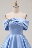 Off the Shoulder Blue A-Line Satin Graduation Dress