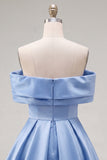 Off the Shoulder Blue A-Line Satin Graduation Dress