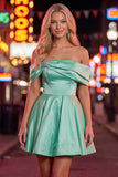 Off the Shoulder Blue A-Line Satin Graduation Dress