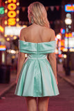 Off the Shoulder Blue A-Line Satin Graduation Dress