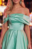 Off the Shoulder Blue A-Line Satin Graduation Dress