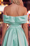 Off the Shoulder Blue A-Line Satin Graduation Dress