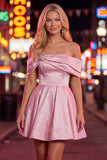 Off the Shoulder Blue A-Line Satin Graduation Dress