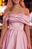 Off the Shoulder Blue A-Line Satin Graduation Dress