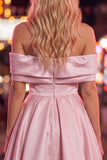 Off the Shoulder Blue A-Line Satin Graduation Dress