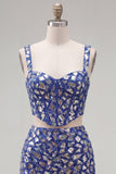 Dark Blue 2 Piece Bodycon Mini Party Dress with Mirror