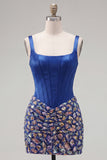 Dark Blue Bodycon Corset Cocktail Dress with Mirror