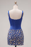 Dark Blue Bodycon Corset Cocktail Dress with Mirror